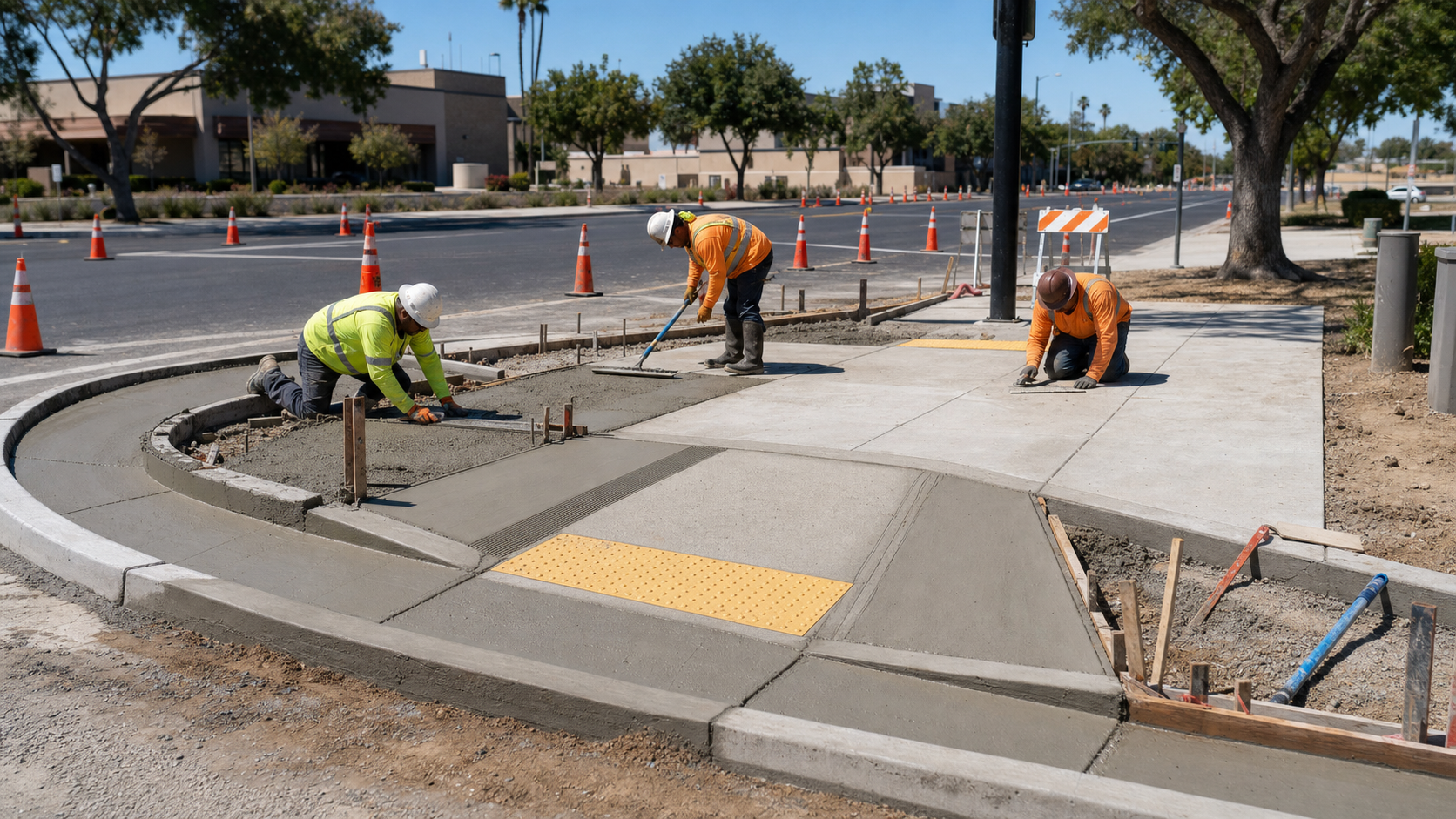 Concept image of curb, sidewalk, and ADA public works concrete